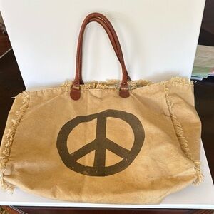 Boho Canvas Tote with Peace Sign - Brown with Leather Handles